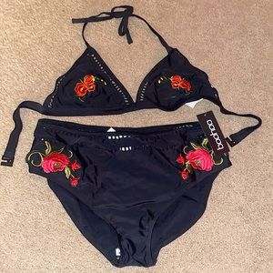 Black high waisted bikini with flowers bathing suit from Boohoo, never worn